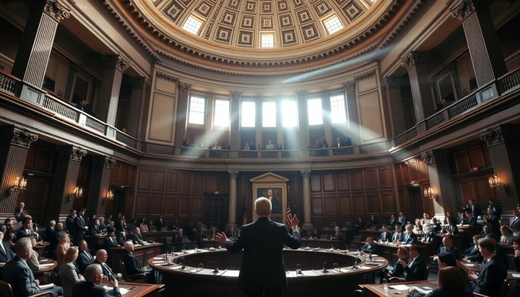 A grand legislative chamber, its ornate columns and domed ceiling casting a stately, authoritative presence. At the center, a semicircular table where lawmakers deliberate, their expressions focused and intent. Sunlight streams through tall windows, illuminating the proceedings with a sense of transparency and accountability. In the foreground, a lone figure stands, gesturing emphatically as they address the assembly, their voice echoing through the grand space. The atmosphere exudes a palpable air of gravity and civic responsibility, underscoring the weighty task of legislative oversight.
