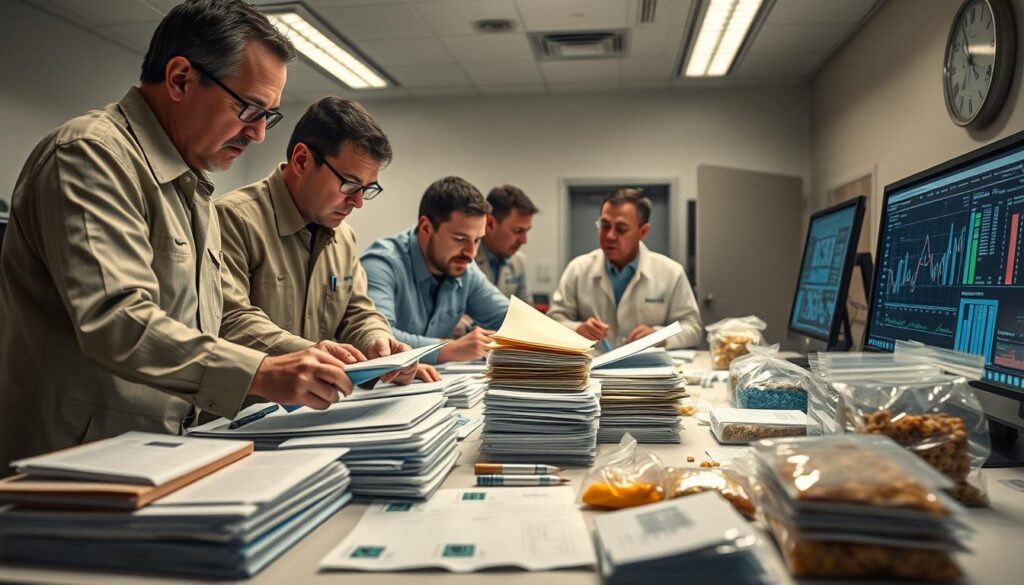 A high-stakes investigative scene, with a team of officials meticulously examining and documenting evidence on a large table. Bright task lighting illuminates stacks of files, labeled bags containing samples, and a large display screen showcasing data analysis. Serious expressions on the faces of the inspectors as they pore over every detail, determined to uncover the truth behind the suspected food adulteration case. The atmosphere is tense yet focused, hinting at the gravity of the situation and the importance of their findings. A sense of urgency pervades the scene, underscoring the need for thorough, impartial investigation to protect public welfare.