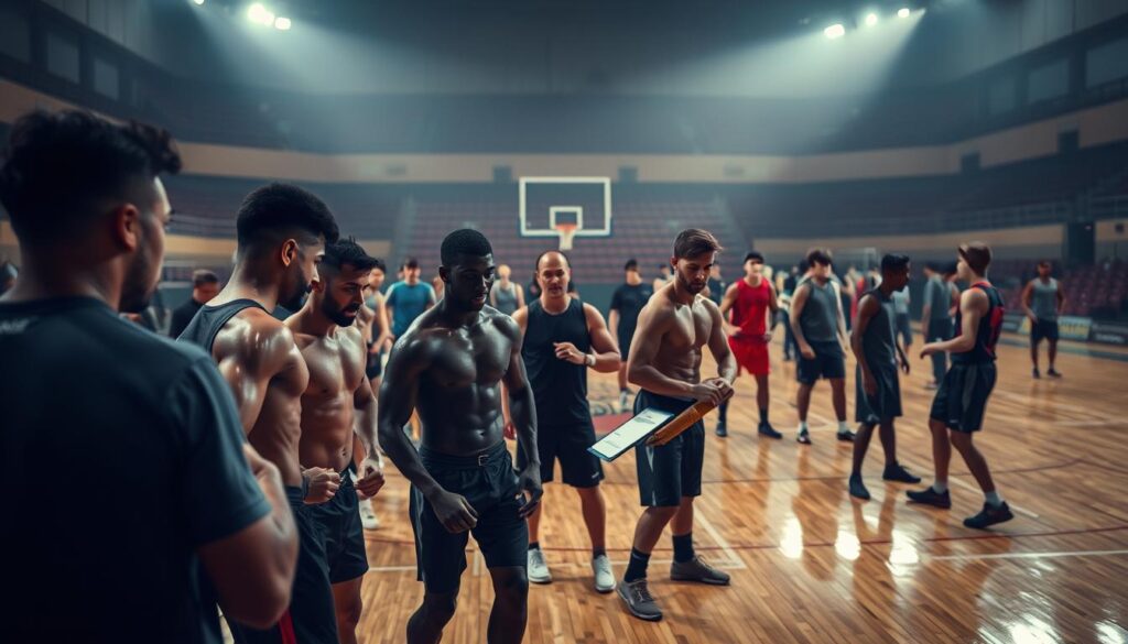 A large indoor sports arena, dimly lit with a warm glow. In the foreground, a group of elite athletes gathered on a polished hardwood court, engaged in various physical tests and drills. Sweat glistens on their muscular frames as they push their limits, determined expressions on their faces. In the middle ground, coaches and selectors observe closely, clipboard in hand, evaluating each movement with keen eyes. The background fades into a hazy blur, drawing focus to the central action. The atmosphere is one of intensity, pressure, and the pursuit of greatness - the National Selection, where the best of the best compete to earn a spot on the national team.