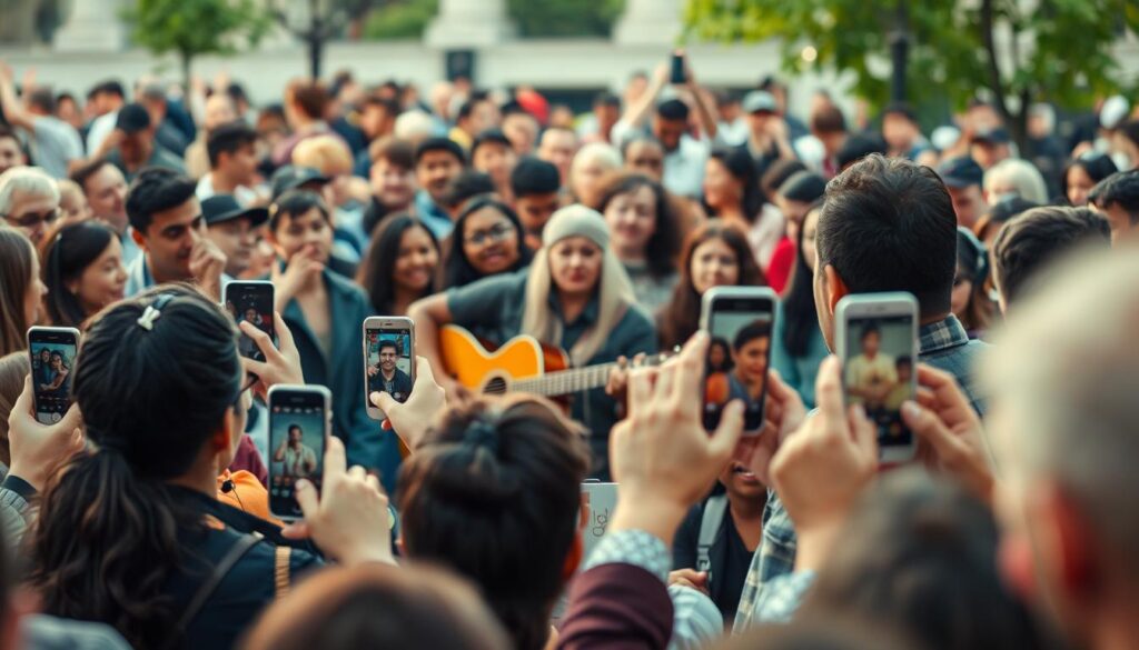 A lively crowd of people gathered in a public space, their attention focused on a street performer playing guitar and singing soulfully. In the foreground, smartphones are raised, capturing the moment and sharing it across social media platforms. The middle ground features a diverse group of onlookers, their expressions ranging from awe to delight, creating a sense of community and connection. The background is softly blurred, emphasizing the centrality of the performer and the audience's engagement. The overall scene conveys the power of social media to amplify and support the efforts of street musicians, fostering a vibrant and inclusive atmosphere.