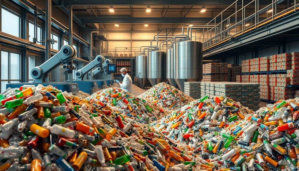 A sleek, modern factory setting with state-of-the-art recycling machinery processing piles of discarded plastic bottles and containers. In the foreground, robotic arms expertly sort and shred the plastic, while conveyor belts transport the material to the next stage of the recycling process. The middle ground features scientists in lab coats closely monitoring the operation, analyzing data on holographic displays. In the background, rows of storage silos and sorting bins neatly organize the processed plastic, ready for repurposing into new products. Warm, diffused lighting casts a sense of innovation and progress, hinting at the advancements in plastic waste management technology.