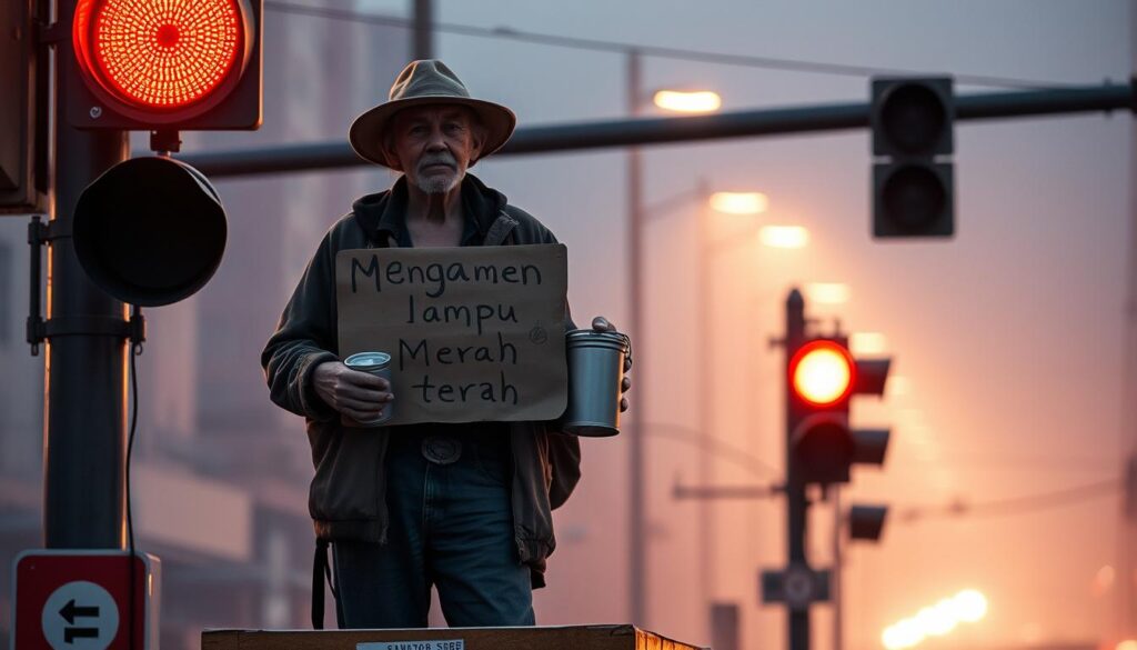A street performer standing on a raised platform at a busy intersection, holding a cardboard sign and a small can for collecting donations. The performer wears tattered clothing and a worn-out hat, with a melancholic expression on their face, illuminated by the warm glow of traffic lights against the hazy, urban backdrop. The scene conveys a sense of hardship and resilience, capturing the essence of &quot;mengamen lampu merah&quot; (busking at a red traffic light) in a visually compelling manner.