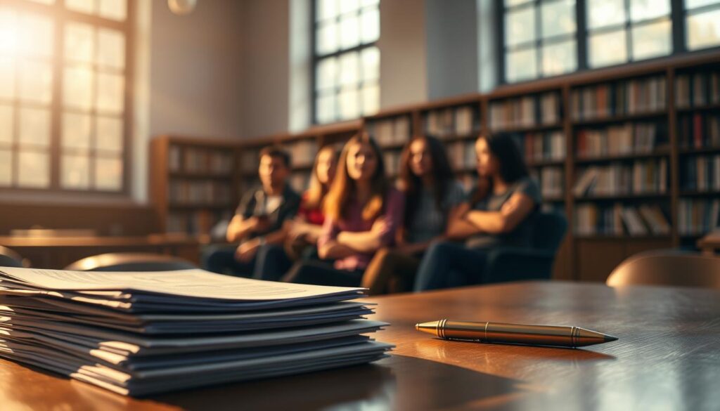 A tranquil academic setting, bathed in the warm glow of natural lighting. In the foreground, a stack of documents and a thoughtfully placed pen, signifying the application process. The middle ground features a group of students, each engaged in deep contemplation, symbolizing the selection phase. In the background, a bookshelf-lined wall and a large window, conveying the sense of intellectual pursuit and opportunity. The scene exudes a serene, focused atmosphere, inviting the viewer to imagine themselves navigating the steps of this prestigious scholarship program.