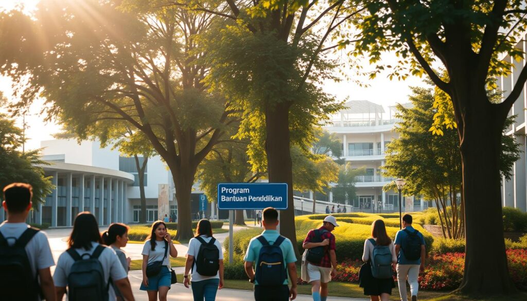 A tranquil scene of a university campus, with students walking amidst lush greenery and modern architecture. In the foreground, a group of young adults are gathered, discussing educational opportunities and financial aid options. Warm sunlight filters through the trees, casting a soft glow on the scene. In the middle ground, a signpost prominently displays the words "Program Bantuan Pendidikan," drawing attention to the support available for students. The background showcases the vibrant academic environment, with various facilities and resources visible. The overall atmosphere conveys a sense of opportunity, community, and a commitment to empowering students through educational programs and financial assistance.