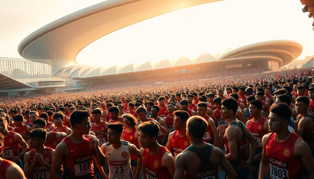 A vibrant and dynamic crowd of athletes, each representing their country, gathered together for the highly anticipated SEA Games 2025. The foreground is filled with the powerful silhouettes of muscular bodies, their national uniforms and colors creating a mosaic of unity and competition. In the middle ground, the athletes are seen engaged in various warm-up exercises, their expressions focused and determined. The background features a sprawling, modern sports complex, its sleek architecture and gleaming surfaces reflecting the energy and excitement of the event. The scene is bathed in a warm, golden light, creating a sense of optimism and triumph. The overall atmosphere conveys the spirit of sportsmanship, camaraderie, and the pursuit of excellence that define the SEA Games.