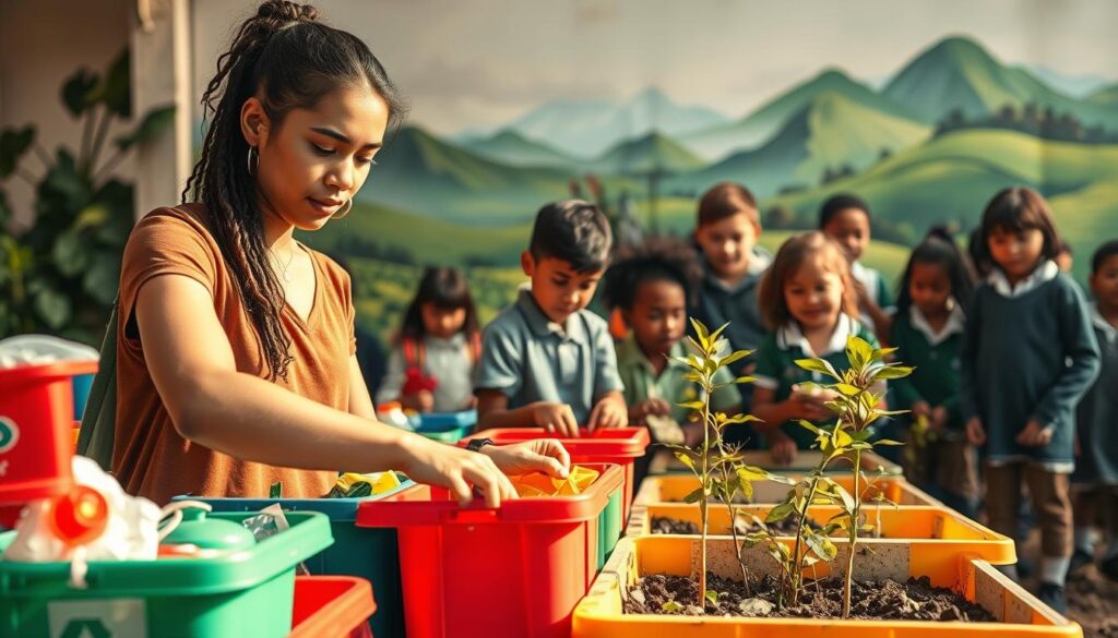 A vibrant environmental awareness campaign showcases a diverse group of people engaging in eco-friendly activities. In the foreground, a young woman sorts recyclable materials into color-coded bins, her expression determined. In the middle ground, a group of schoolchildren plant saplings, their faces filled with excitement. In the background, a large mural depicts lush, verdant landscapes, underscoring the message of environmental conservation. The scene is illuminated by warm, natural lighting, creating a sense of hope and optimism. The composition emphasizes the collaborative nature of environmental stewardship, inviting the viewer to join the effort. The overall atmosphere evokes a call to action, inspiring individuals to take tangible steps towards a more sustainable future.
