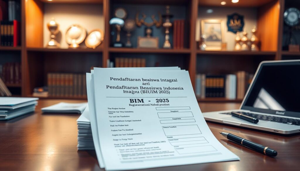 A well-lit office scene with a neatly organized desk displaying a stack of official-looking documents, a pen, and a laptop. The documents have a formal header reading "Pendaftaran Beasiswa Indonesia Maju (BIM) 2025" and various fields to be filled out. Soft, warm lighting illuminates the scene, creating a professional and inviting atmosphere. The background features shelves of books and awards, suggesting an academic or scholarly environment. The composition emphasizes the centrality and importance of the registration documents, drawing the viewer's attention to the key elements needed for the scholarship application process.