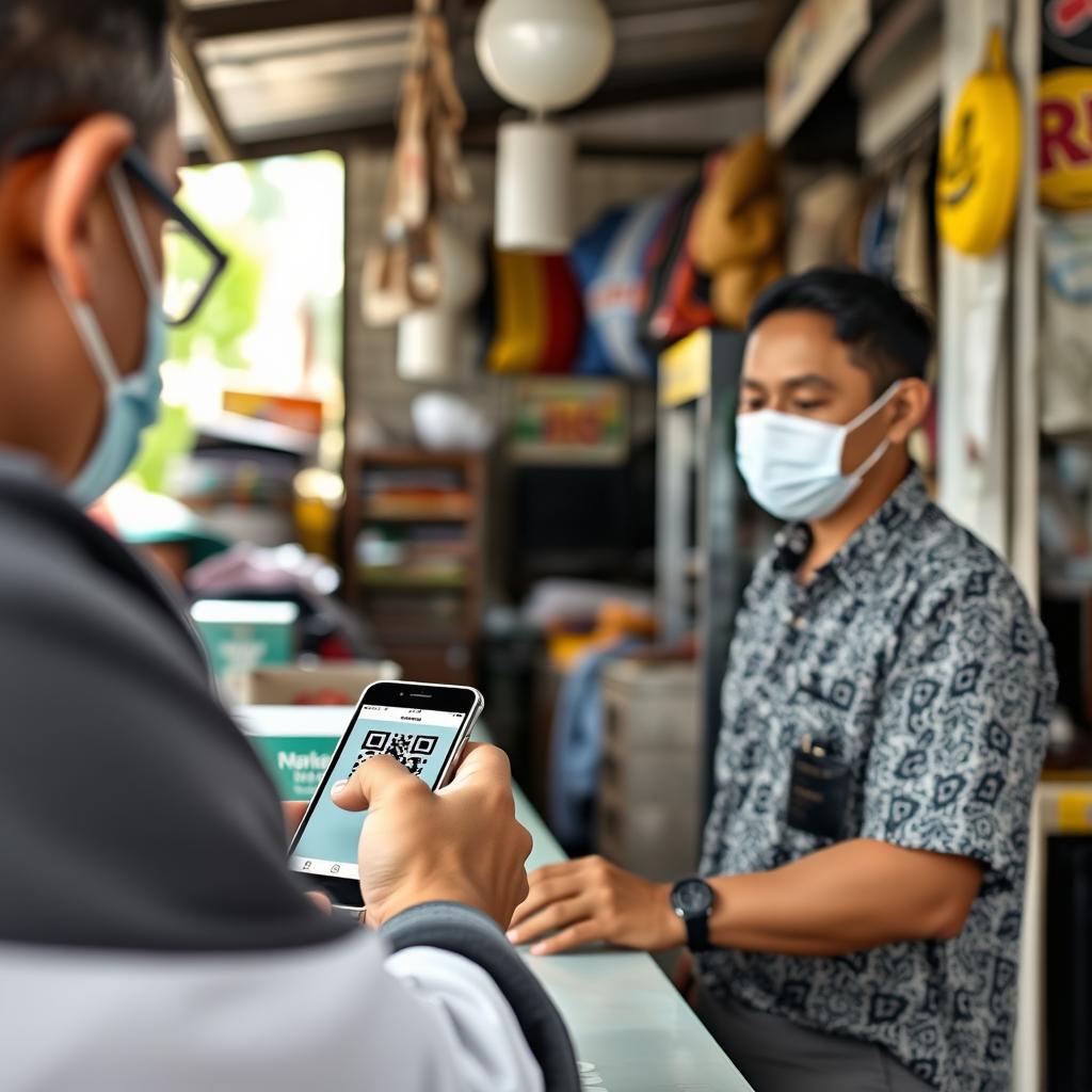 Transaksi menggunakan QRIS di sebuah merchant lokal di Indonesia Transaksi menggunakan QRIS di sebuah merchant lokal di Indonesia
