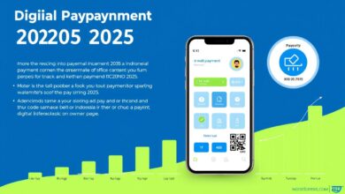 Visualisasi tren pembayaran digital di Indonesia 2025 menampilkan smartphone dengan aplikasi e-wallet dan grafik pertumbuhan