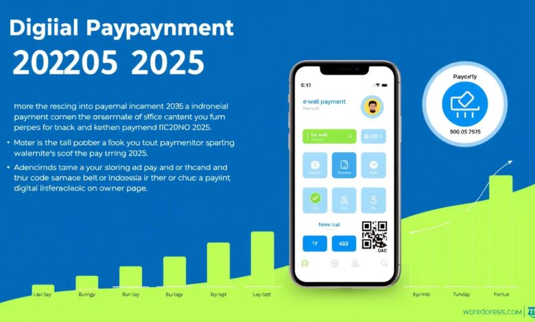 Visualisasi tren pembayaran digital di Indonesia 2025 menampilkan smartphone dengan aplikasi e-wallet dan grafik pertumbuhan