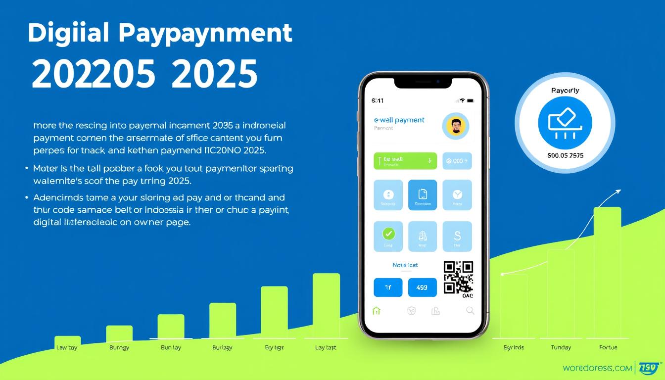 Visualisasi tren pembayaran digital di Indonesia 2025 menampilkan smartphone dengan aplikasi e-wallet dan grafik pertumbuhan