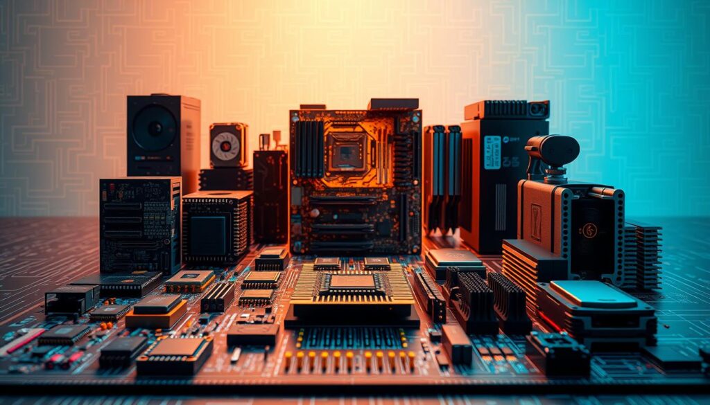 A detailed blueprint of computer hardware components arranged in a visually striking composition. In the foreground, a collection of microchips, circuit boards, and processors showcased against a sleek, metallic backdrop, illuminated by warm, directional lighting that enhances their intricate details. In the middle ground, larger computer parts such as hard drives, RAM modules, and cooling systems are meticulously displayed, creating a sense of depth and hierarchy. The background features a subtle gradient, hinting at the technological landscape these hardware elements inhabit. The overall atmosphere is one of precision, innovation, and the seamless integration of various computing subsystems.