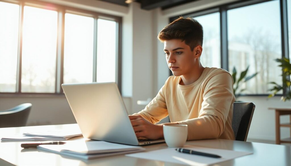 A focused young student sitting at a desk, intently researching scholarship opportunities on a laptop in a bright, modern office setting. Sunlight streams through large windows, casting a warm glow across the scene. Neatly organized papers, a calculator, and a cup of coffee suggest a dedicated academic pursuit. The student's expression is one of determined concentration, reflecting the challenges and opportunities of navigating the complex world of educational funding. The background features sleek, minimalist decor, emphasizing the role of technology in the search for scholarships.