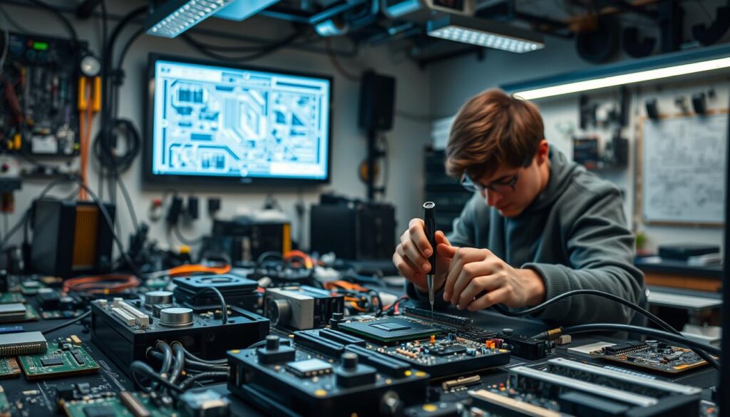 A high-tech workshop filled with an assortment of computer components and tools. In the foreground, a person intently focused on repairing a motherboard, using a delicate soldering iron to make precise adjustments. The middle ground showcases a variety of hardware components, including CPUs, RAM modules, and circuit boards, neatly organized on a workbench. The background features a wall-mounted display showing technical schematics and diagrams, illuminated by the soft glow of ambient lighting. The scene conveys a sense of concentration, problem-solving, and the dedicated pursuit of honing technical skills for computer systems.