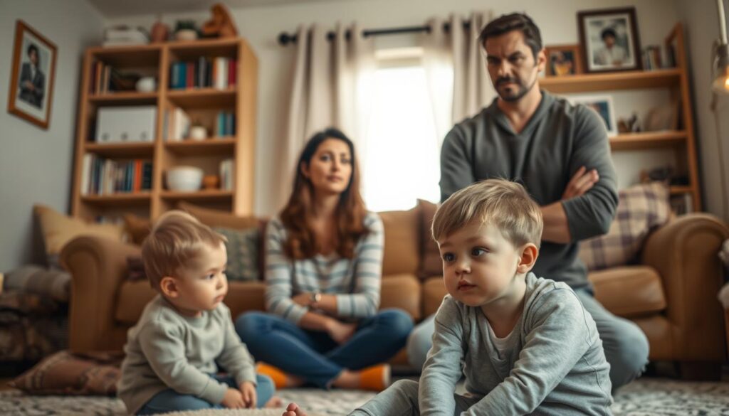 A peaceful family scene in a warm, cozy living room. In the foreground, a young child sits on the floor, brow furrowed in contemplation, as a caring parent kneels beside them, offering a gentle, understanding expression. In the middle ground, another parent stands with arms crossed, a stern but thoughtful gaze, conveying the need for a balanced approach. The background is softly lit, with bookshelves and family photos hinting at the complexities of a loving, if at times strict, household. The overall mood is one of introspection and the search for solutions, as the family navigates the challenges of parenting.