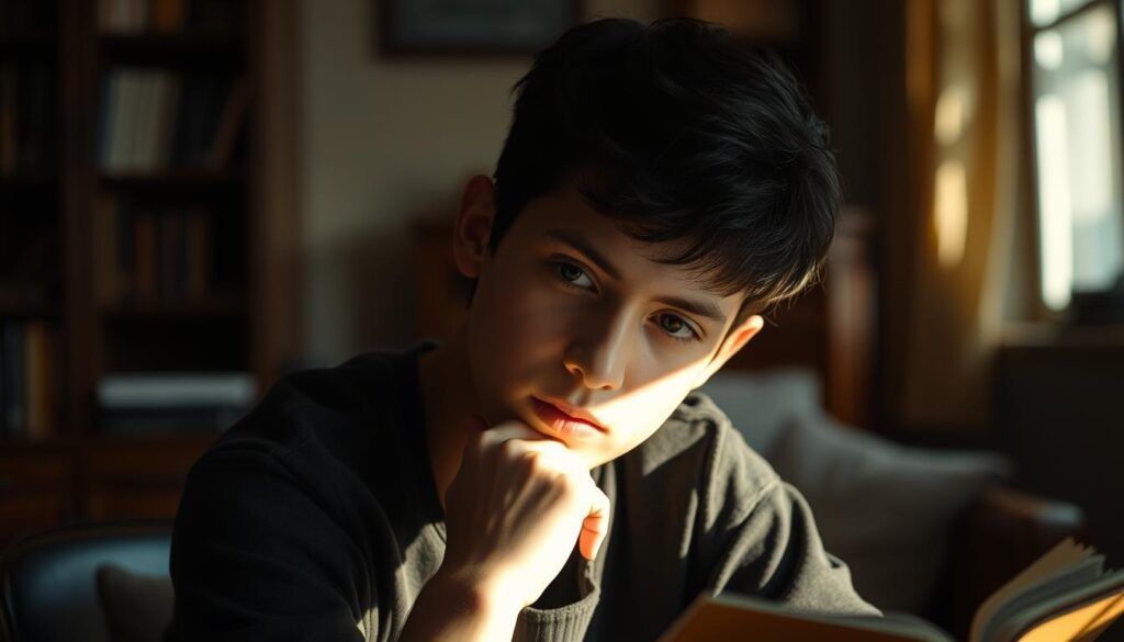 A serene, dimly lit study with a young person deeply immersed in contemplation. Warm, soft lighting illuminates their face, casting gentle shadows that convey a sense of focus and introspection. The background is slightly blurred, emphasizing the subject's mental and emotional state. Subtle textures in the wood furniture and fabrics create a cozy, thoughtful atmosphere. The pose suggests a moment of quiet reflection, as the person prepares to embark on their educational journey, mentally and emotionally ready to pursue their academic goals and secure a scholarship.