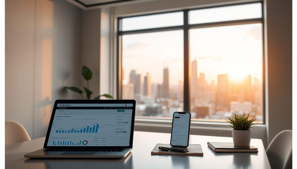 A serene, well-lit office space with a sleek, minimalist aesthetic. In the foreground, a laptop and smartphone display analytics and performance data, while the middle ground features a thoughtfully arranged desk with a potted plant, a pen, and a notebook. The background showcases a large window overlooking a bustling city skyline, bathed in the warm glow of the setting sun. The overall scene conveys a sense of focus, productivity, and strategic optimization, capturing the essence of "Strategi Optimasi: Konten, Audiens, dan Pendapatan yang Berkelanjutan".