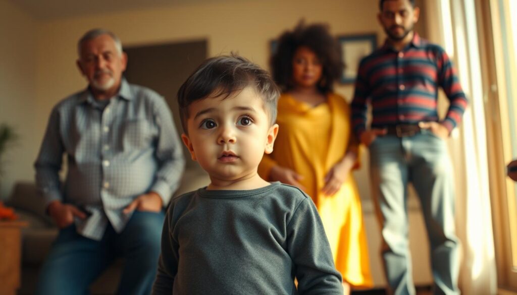 A young child standing confidently, making an independent decision, while parents in the background observe with a mix of concern and pride. The scene is bathed in warm, natural lighting, captured through a slightly tilted, medium-distance lens. The child's posture and expression convey a sense of self-assuredness, in contrast to the more cautious, guarded body language of the parents. The overall atmosphere is one of growth, tension, and the gradual, delicate balance between parental guidance and a child's emerging autonomy.