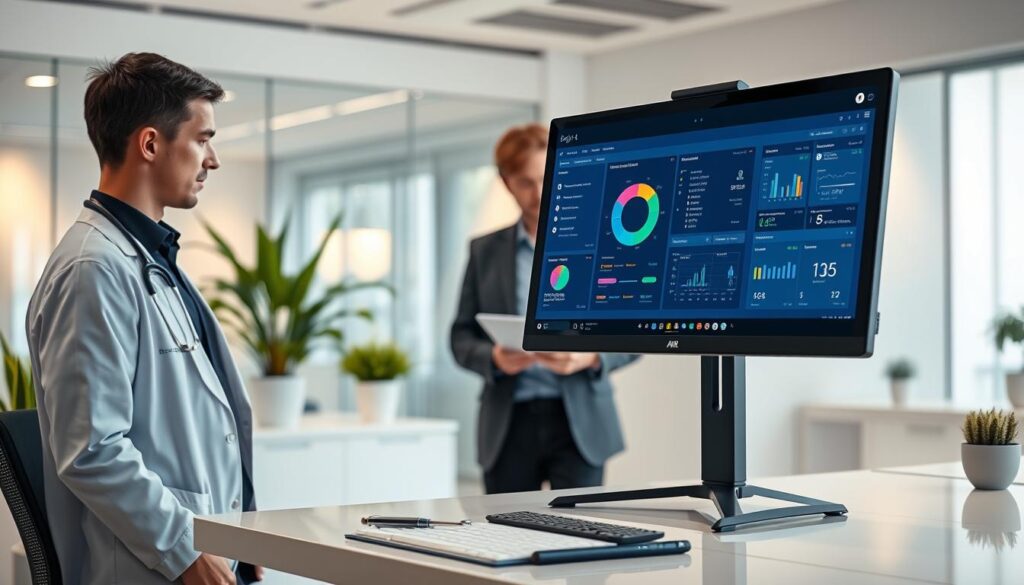 A modern, digital healthcare environment showcasing an Electronic Patient Medical Record system. In the foreground, a sleek computer monitor displays an organized interface with colorful charts, patient data, and a blockchain symbol subtly integrated. In the middle ground, a healthcare professional in smart casual attire reviews patient records, looking engaged and focused. Background elements include a softly lit, contemporary clinic with glass partitions, potted plants, and medical tools neatly arranged on a counter. The lighting is bright yet warm, creating an inviting atmosphere, while a slight depth of field effect emphasizes the professional interaction. The overall mood is innovative, conveying a sense of trust and efficiency in patient-centered care through technology. A modern, digital healthcare environment showcasing an Electronic Patient Medical Record system. In the foreground, a sleek computer monitor displays an organized interface with colorful charts, patient data, and a blockchain symbol subtly integrated. In the middle ground, a healthcare professional in smart casual attire reviews patient records, looking engaged and focused. Background elements include a softly lit, contemporary clinic with glass partitions, potted plants, and medical tools neatly arranged on a counter. The lighting is bright yet warm, creating an inviting atmosphere, while a slight depth of field effect emphasizes the professional interaction. The overall mood is innovative, conveying a sense of trust and efficiency in patient-centered care through technology.