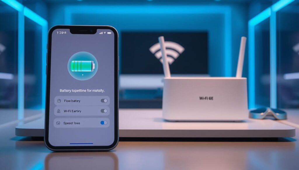 A modern iOS device displaying its battery optimization settings, set against a sleek, futuristic workspace environment. In the foreground, focus on the device's screen, showcasing an energetic, visually appealing battery icon with dynamic flow indicators representing energy efficiency. In the middle ground, include an ergonomic desk with a laptop and a Wi-Fi router prominently featuring "Wi-Fi 6E" technology, emphasizing connectivity and speed. In the background, incorporate soft, ambient lighting with blue and green hues to create a sense of innovation and tranquility. The scene should evoke a sense of cutting-edge technology and efficiency, with a clean and organized aesthetic that reflects a modern professional atmosphere. A modern iOS device displaying its battery optimization settings, set against a sleek, futuristic workspace environment. In the foreground, focus on the device's screen, showcasing an energetic, visually appealing battery icon with dynamic flow indicators representing energy efficiency. In the middle ground, include an ergonomic desk with a laptop and a Wi-Fi router prominently featuring "Wi-Fi 6E" technology, emphasizing connectivity and speed. In the background, incorporate soft, ambient lighting with blue and green hues to create a sense of innovation and tranquility. The scene should evoke a sense of cutting-edge technology and efficiency, with a clean and organized aesthetic that reflects a modern professional atmosphere.