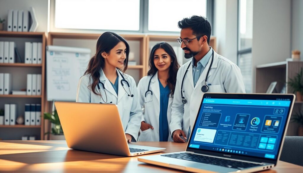 A modern office setting where a diverse group of medical staff members—two female doctors in professional attire and a male IT specialist—discuss credential verification beside a computer displaying blockchain data. In the foreground, an open laptop shows a digital interface with security features. The middle ground features a whiteboard with flowcharts illustrating the credential verification process. The background includes shelves with medical books and a large window allowing natural light to flood the room, creating a bright and welcoming atmosphere. Soft shadows from the window add depth to the scene. The mood is collaborative and innovative, emphasizing trust and technology in healthcare. A modern office setting where a diverse group of medical staff members—two female doctors in professional attire and a male IT specialist—discuss credential verification beside a computer displaying blockchain data. In the foreground, an open laptop shows a digital interface with security features. The middle ground features a whiteboard with flowcharts illustrating the credential verification process. The background includes shelves with medical books and a large window allowing natural light to flood the room, creating a bright and welcoming atmosphere. Soft shadows from the window add depth to the scene. The mood is collaborative and innovative, emphasizing trust and technology in healthcare.