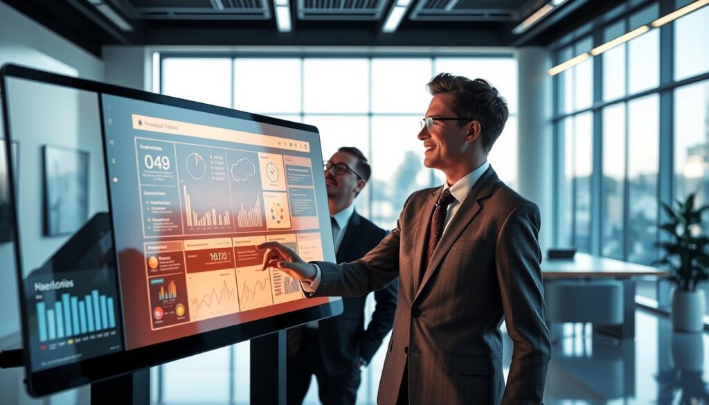 A sleek, futuristic workspace featuring a high-tech AI search platform designed by Apple. In the foreground, a large, crystal-clear touchscreen display shows a vibrant interface filled with data analytics and knowledge graphs. Midway, a professional in smart business attire interacts with the screen, their face illuminated by the glow of the device, showcasing a look of awe and concentration. The background reveals a stylish, minimalist office space with an apple-themed color palette, large windows allowing soft natural light to flood in, and subtle tech details like integrated smart devices. The overall atmosphere is one of innovation and sophistication, capturing the essence of cutting-edge technology and advanced knowledge acquisition in the digital age. A sleek, futuristic workspace featuring a high-tech AI search platform designed by Apple. In the foreground, a large, crystal-clear touchscreen display shows a vibrant interface filled with data analytics and knowledge graphs. Midway, a professional in smart business attire interacts with the screen, their face illuminated by the glow of the device, showcasing a look of awe and concentration. The background reveals a stylish, minimalist office space with an apple-themed color palette, large windows allowing soft natural light to flood in, and subtle tech details like integrated smart devices. The overall atmosphere is one of innovation and sophistication, capturing the essence of cutting-edge technology and advanced knowledge acquisition in the digital age.
