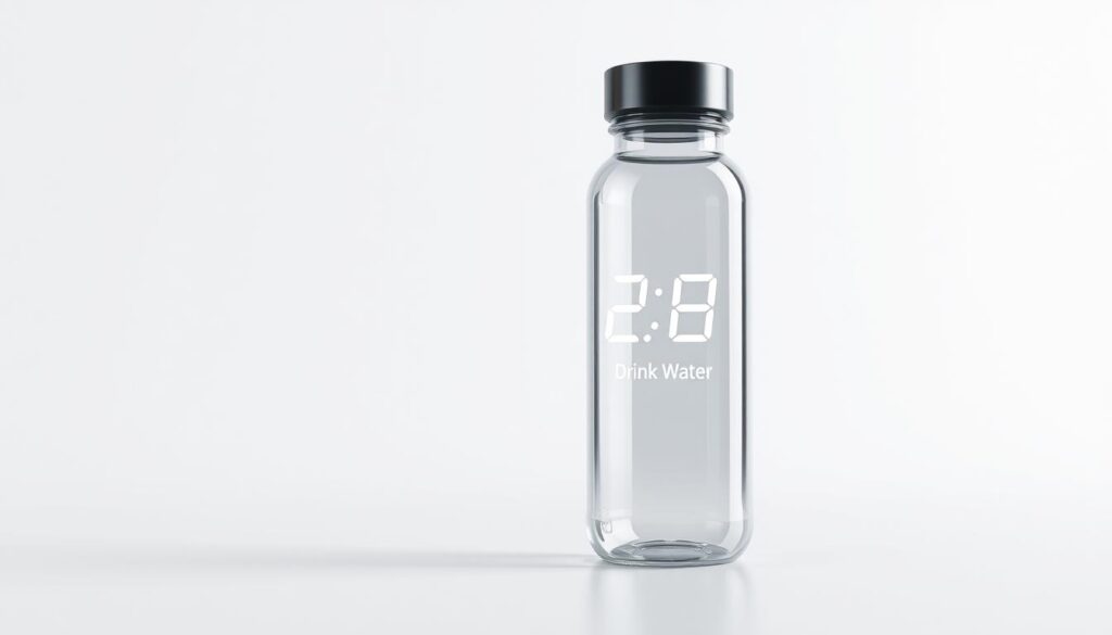 A sleek, modern water bottle with a digital display prominently showing the current time and a reminder to "Drink Water" in a clear, bold font. The bottle is rendered in a minimalist, high-tech style with a glossy, metallic finish that reflects the surrounding environment. Soft, indirect lighting from above casts subtle shadows, enhancing the three-dimensional form of the bottle. The background is a clean, uncluttered space, allowing the water bottle to be the central focus of the image, conveying a sense of simplicity and functionality. A sleek, modern water bottle with a digital display prominently showing the current time and a reminder to "Drink Water" in a clear, bold font. The bottle is rendered in a minimalist, high-tech style with a glossy, metallic finish that reflects the surrounding environment. Soft, indirect lighting from above casts subtle shadows, enhancing the three-dimensional form of the bottle. The background is a clean, uncluttered space, allowing the water bottle to be the central focus of the image, conveying a sense of simplicity and functionality.