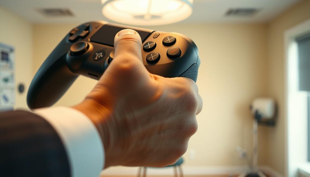 A close-up view of a DualSense controller, showcasing its innovative haptic feedback and adaptive triggers. The controller is held in a hand, depicted in a professional business attire, conveying a therapeutic context. The background features a soft-focus room designed for therapy, with calming colors and essential equipment subtly visible. Soft, warm lighting highlights the textured surface of the controller, emphasizing the tactile features that enable immersive gameplay and therapy interactions. The camera angle is slightly tilted, creating a dynamic perspective that draws attention to the controller's adaptive triggers, suggesting responsiveness and sensitivity. The overall mood is serene and focused, underscoring the potential of gaming technology in therapeutic settings. A close-up view of a DualSense controller, showcasing its innovative haptic feedback and adaptive triggers. The controller is held in a hand, depicted in a professional business attire, conveying a therapeutic context. The background features a soft-focus room designed for therapy, with calming colors and essential equipment subtly visible. Soft, warm lighting highlights the textured surface of the controller, emphasizing the tactile features that enable immersive gameplay and therapy interactions. The camera angle is slightly tilted, creating a dynamic perspective that draws attention to the controller's adaptive triggers, suggesting responsiveness and sensitivity. The overall mood is serene and focused, underscoring the potential of gaming technology in therapeutic settings.