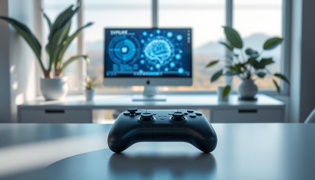 A modern, high-tech workspace featuring a DualSense controller prominently placed on a sleek desk, symbolizing its potential as a mental health therapy tool. In the foreground, the controller is illuminated by a soft, blue ambient light, casting gentle shadows for a calming atmosphere. The middle layer includes a computer screen displaying abstract AI algorithms visualizing mental health data, surrounded by elegant plants that contribute to a therapeutic environment. In the background, a window reveals a serene landscape with soft natural light streaming in, enhancing the peaceful mood. The scene conveys innovation and support, with a focus on mental well-being. The overall color palette features soothing blues and greens, creating an inviting and professional space ideal for therapy and development in mental health detection. A modern, high-tech workspace featuring a DualSense controller prominently placed on a sleek desk, symbolizing its potential as a mental health therapy tool. In the foreground, the controller is illuminated by a soft, blue ambient light, casting gentle shadows for a calming atmosphere. The middle layer includes a computer screen displaying abstract AI algorithms visualizing mental health data, surrounded by elegant plants that contribute to a therapeutic environment. In the background, a window reveals a serene landscape with soft natural light streaming in, enhancing the peaceful mood. The scene conveys innovation and support, with a focus on mental well-being. The overall color palette features soothing blues and greens, creating an inviting and professional space ideal for therapy and development in mental health detection.